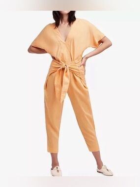 Free People Shining Sun Wrap Linen Jumpsuit - Mustard Orange - Size Small